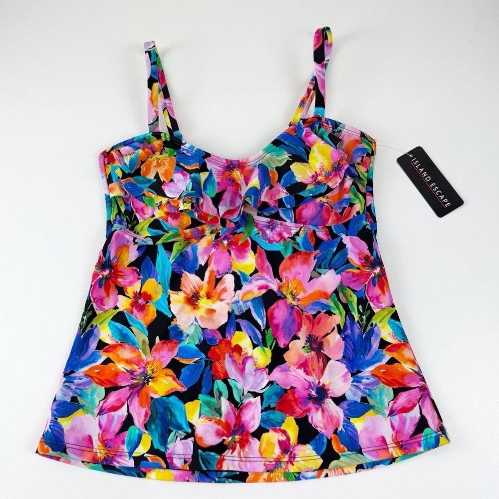 Island Escape Tankini Bikini Top Womens 6 Black Multicolor Floral NWT